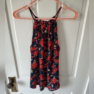 Lush Women's Medium Blue w/ Red Rose Pattern Spaghetti Strap Halter-style Tank